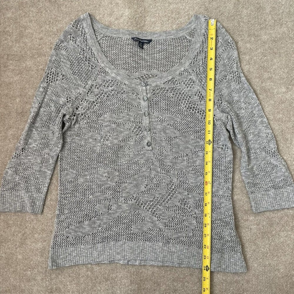 American Eagle Sweater Womens Large Grey Open Knit 3/4 Sleeve Lightweight Top - Picture 6 of 7